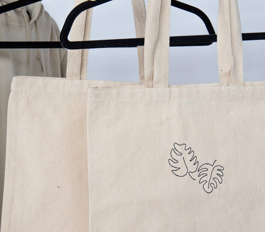 Embroidered Monstera Leaf Tote Bag
